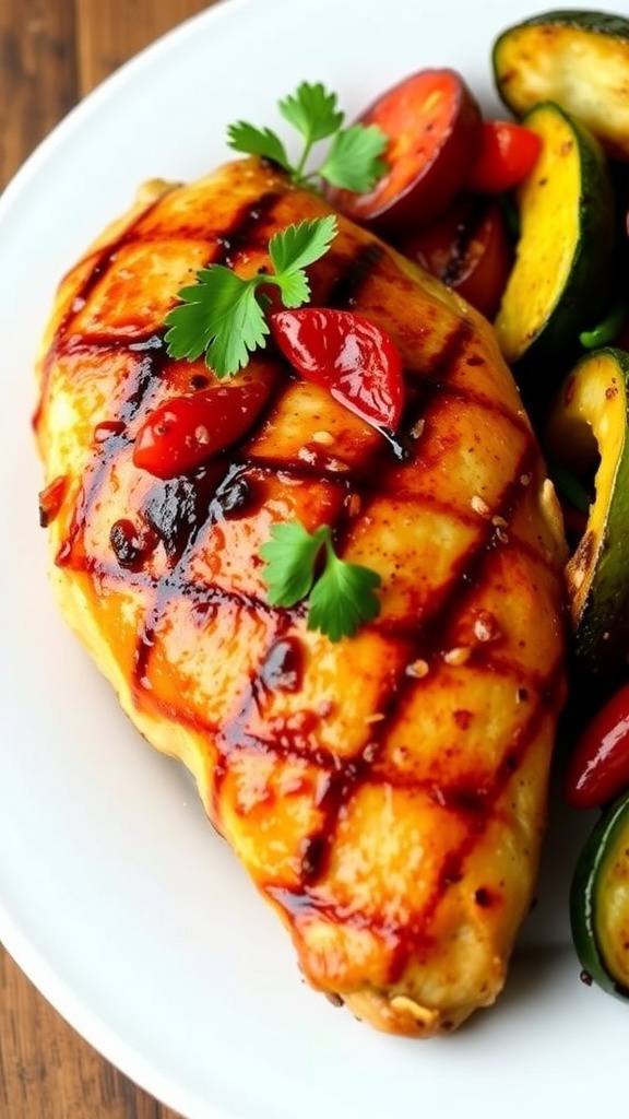 Grilled chicken breast garnished with parsley and served with grilled vegetables on a rustic table.